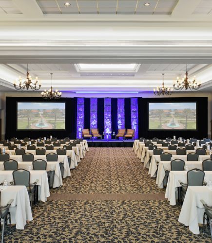 The Ponte Vedra Ballroom with a stage setup and classroom seating at Ponte Vedra Inn & Club.