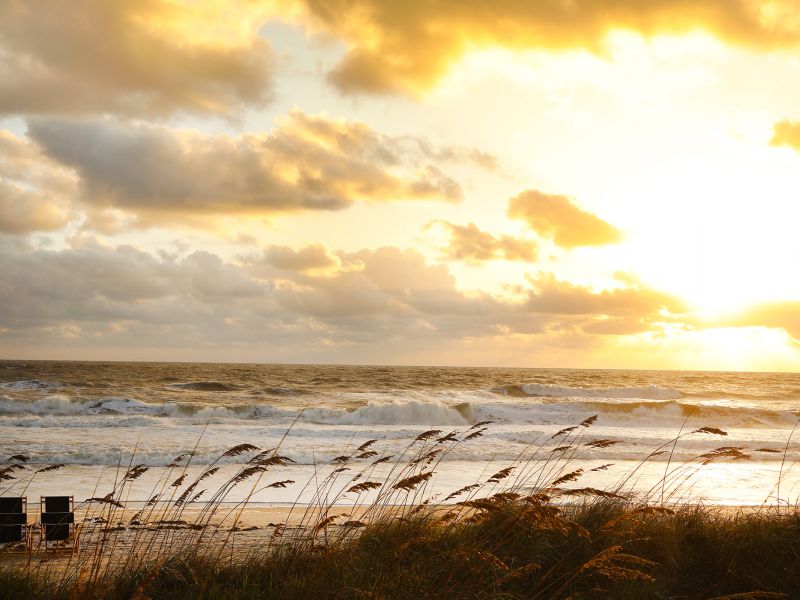 View of the beach at the Inn through dune grass near sunset