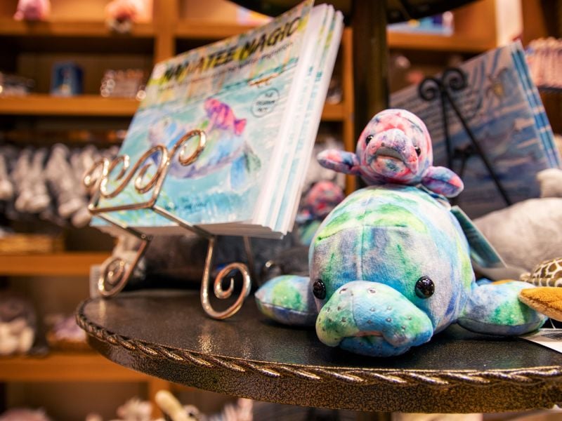 Close up of a kids book and a stuffed manatee