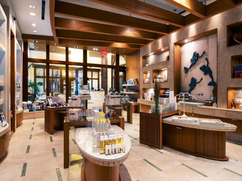 Wellness items on display inside the Spa Shop at the Inn