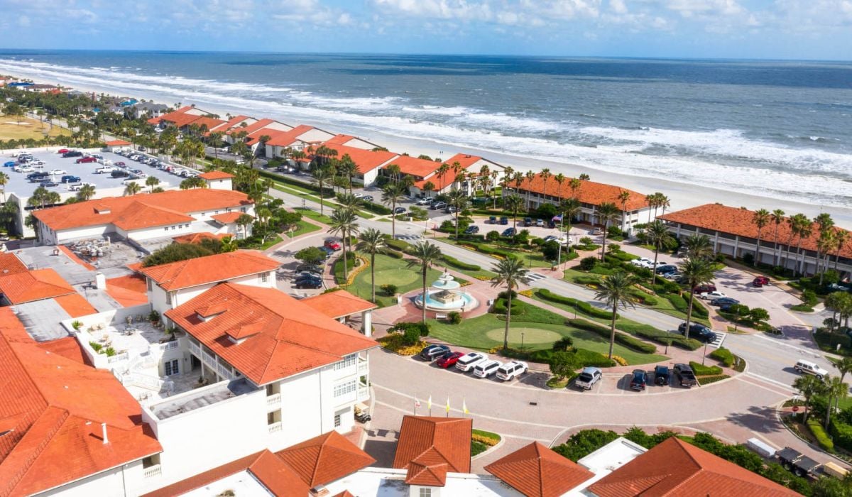 aerial shot of the inn and the beach