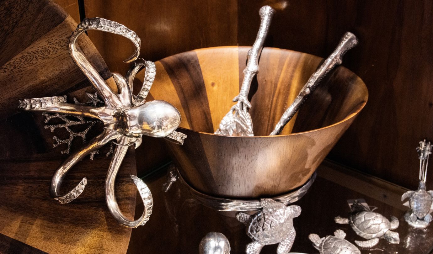 Sterling silver ocean creatures on display in the Gourmet Shop