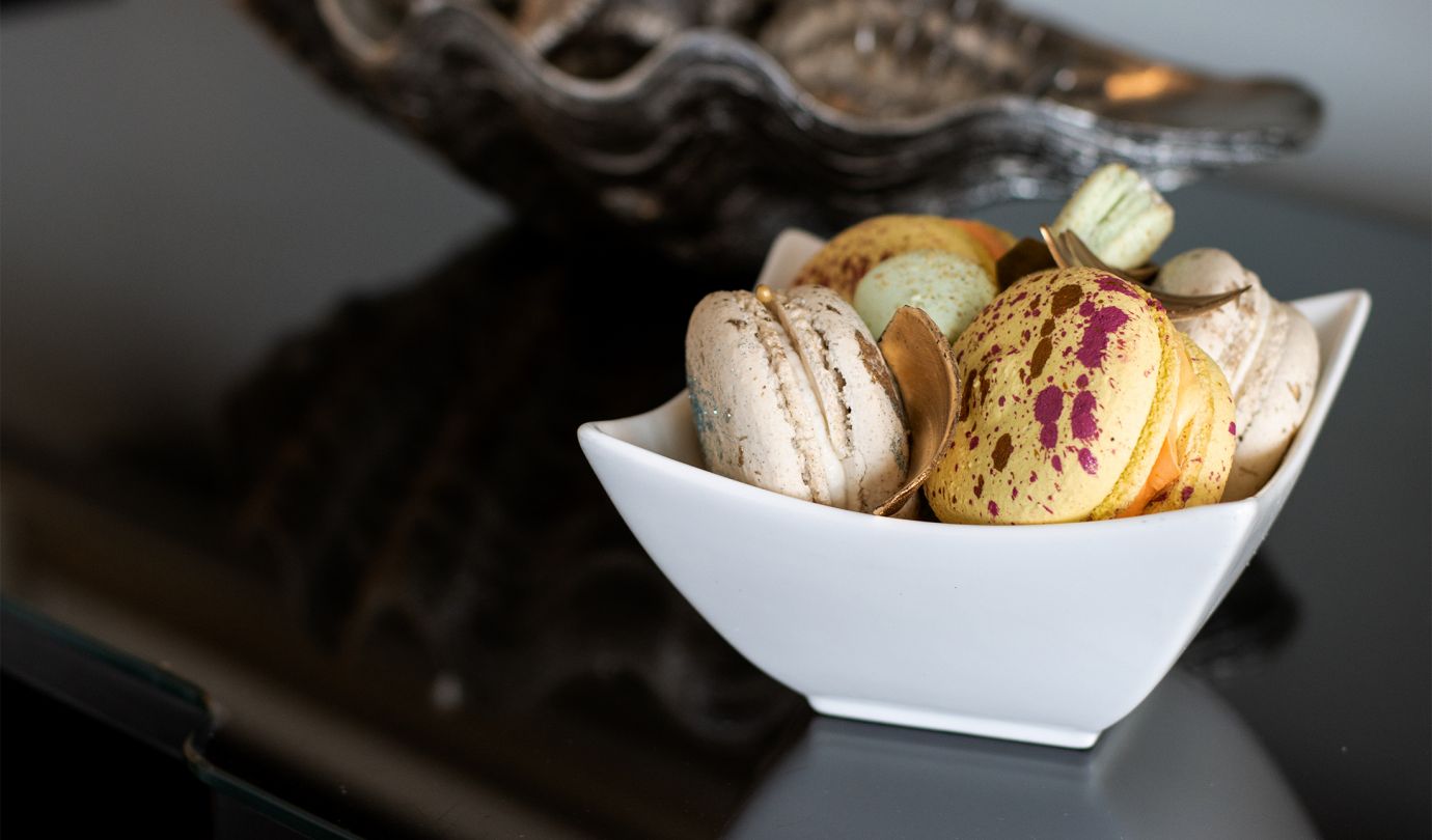 close up of french macarons