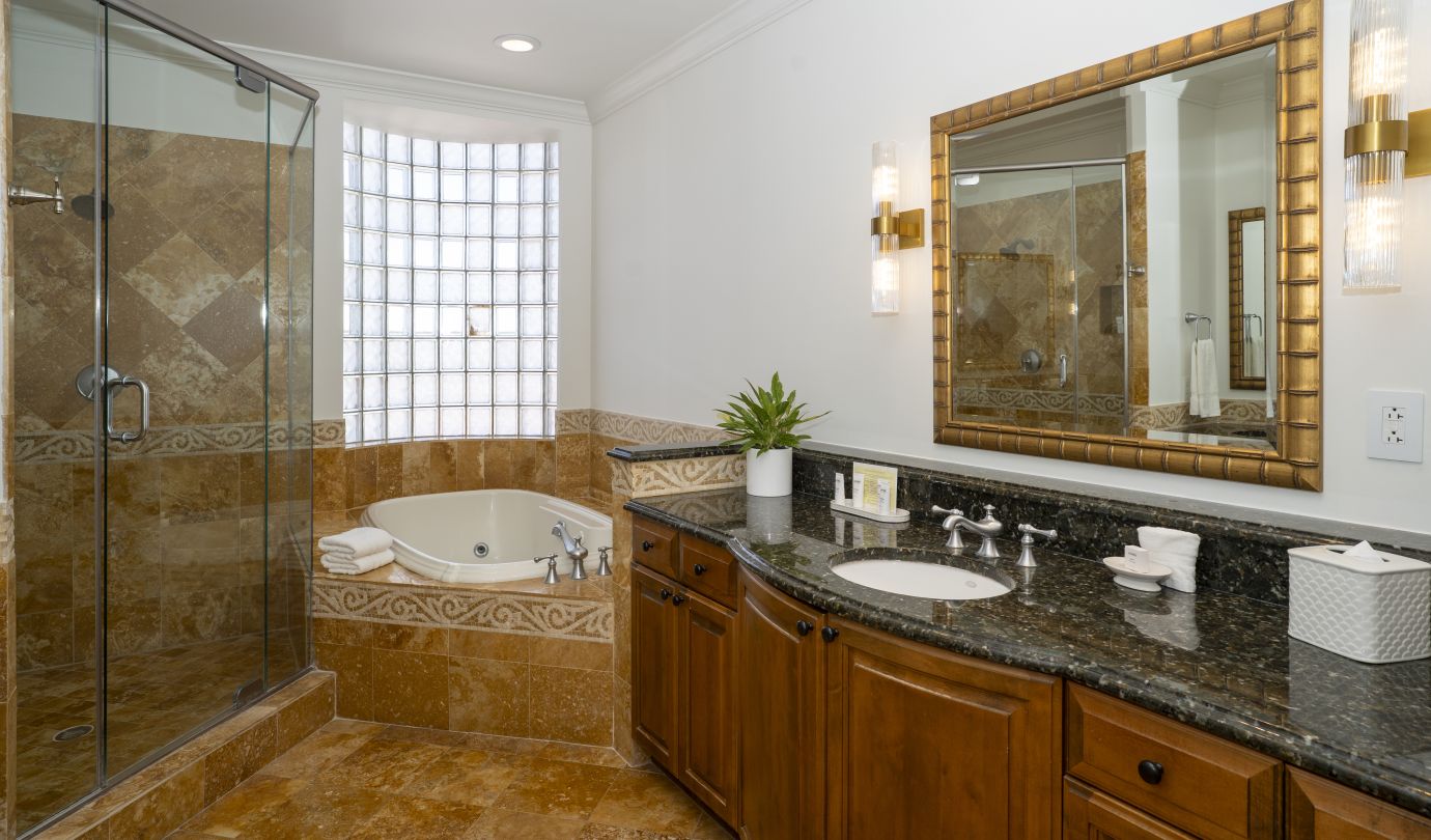 Image of bathroom with shower, tub and vanity.