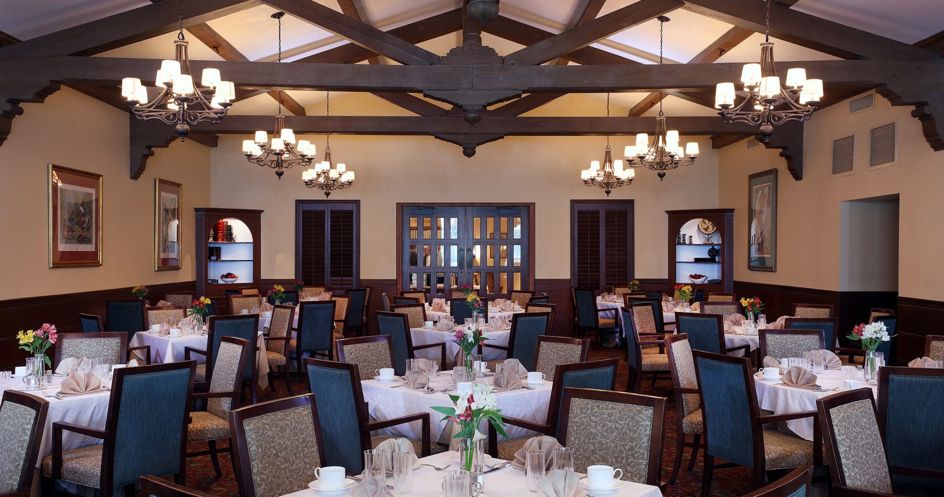 Tables set inside the Inn dining room