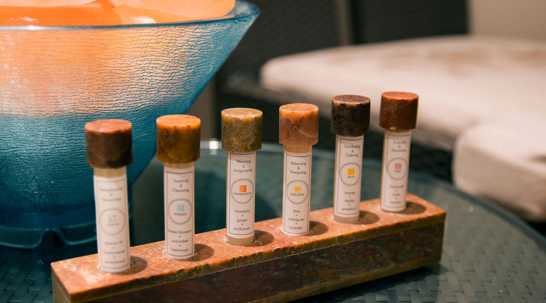 Rack of scented wax vials